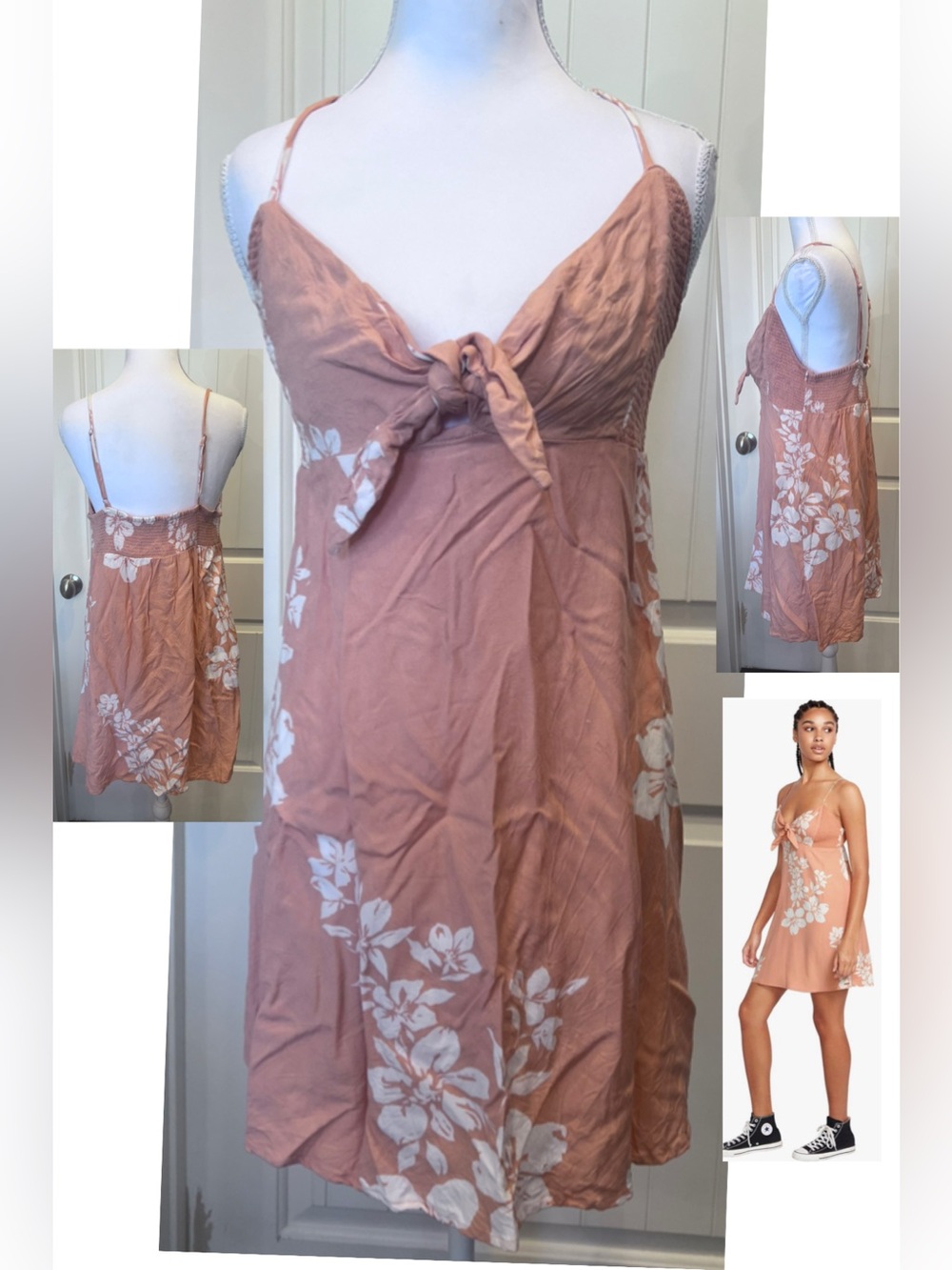 Volcom Mucho Mahalo Cami Dress Tie-front Adj Straps Smocked Floral Sz Large / 10